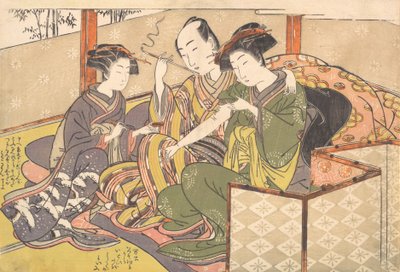 خادم يطبق علاجا على ذراع الجيشا ، أواخر القرن الثامن عشر. بواسطة Kitao Shigemasa
