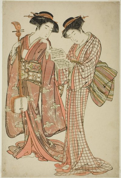 اثنان من الجيشا يحملان شاميسين وكتاب أغاني بواسطة Kitao Shigemasa