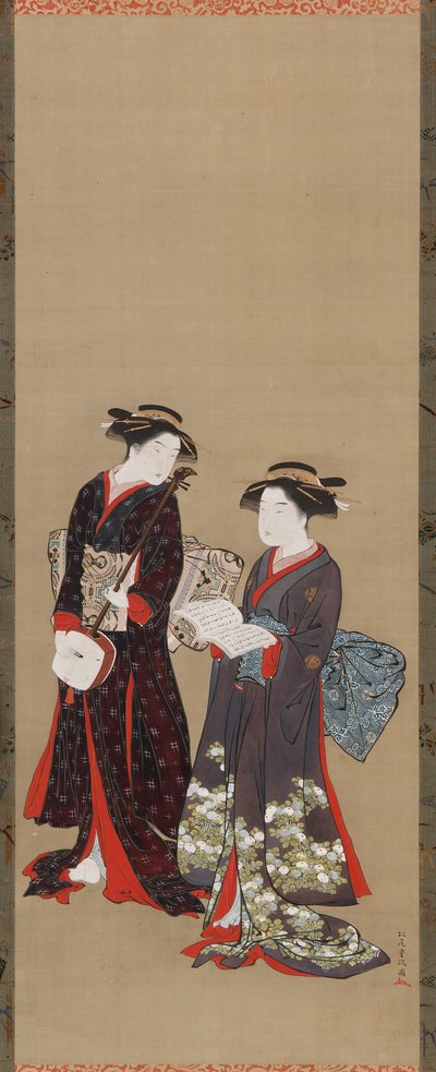 فتاتان واقفتان ، إحداهما تحمل كتابًا مفتوحًا ، ١٦١٥-١٨٦٨. بواسطة Kitao Shigemasa