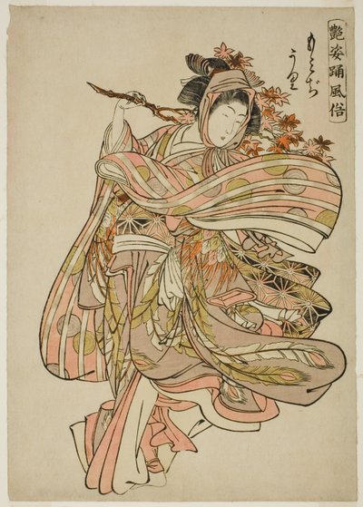 عرض أوراق القيقب (موميجيجاري) ، من سلسلة "عادات رقص الشخصيات الآسرة (Adesugata odori fuzoku)" بواسطة Kitao Shigemasa