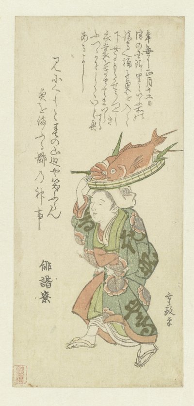 امرأة تحمل صينية من السمك على رأسها بواسطة Kitao Shigemasa