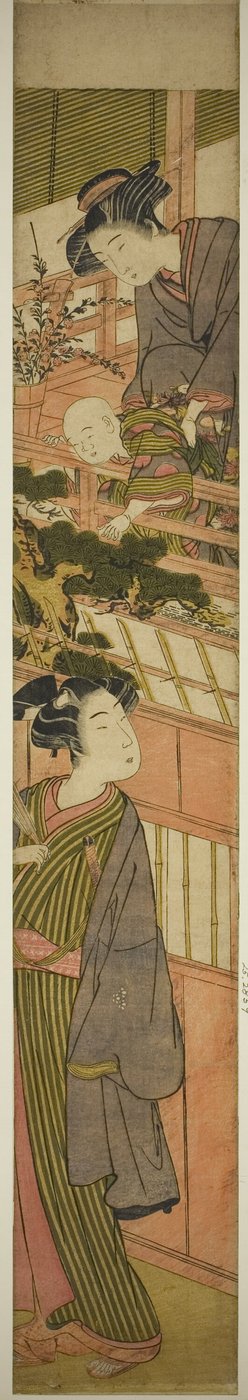 نساء يمسكن بصبي يمد يده إلى شاب أدناه بواسطة Kitao Shigemasa