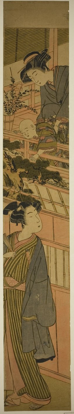 نساء يمسكن بصبي يمد يده إلى شاب أدناه بواسطة Kitao Shigemasa