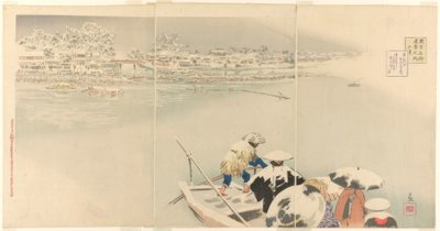 الشهر الثاني: Matsuchi Hills in the Snow at Dusk (Kisaragi، Matsuchiyama yuki no tasogare) ، من سلسلة مناظر حقيقية للأماكن الشهيرة في طوكيو (Tokyo meisho shinkei no uchi) بواسطة كيوشيكا كوباياشي