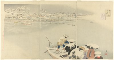 الشهر الثاني: Matsuchi Hill in Snow at Dusk (Kisaragi، Matsuchiyama yuki no tasogare) ، من سلسلة "مناظر حقيقية للأماكن الشهيرة في طوكيو (Tokyo meisho shinkei no uchi)" بواسطة كوباياشي كيوتشيكا