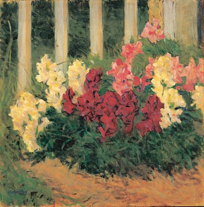 Blumenstrauch vor Gartenzaun - زهور أمام سور حديقة ... (زيت على قماش) بواسطة كلومان موسر