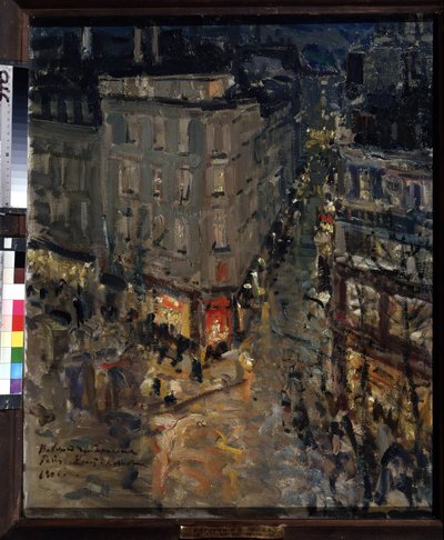 باريس ، Boulevard des Capucines (باريس ، Boulevard des Capucines). منظر لتقاطع Boulevard des Capucines و Boulevard des Italiens ، في ليلة صيفية ، تضاء المباني وصخب الشارع بأضواء مصابيح الشوارع. لوحة قسطنطين ألي بواسطة Konstantin Alekseevich Korovin