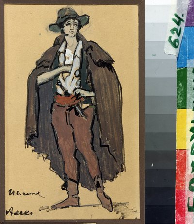 تصميم أزياء أوبرا "أليكو" لسيرجي (سيرجي) رحمانينوف (سيرج راشمانينوف) (1873-1943) (تصميم أزياء أوبرا أليكو من تأليف س. رحمانينوف). عمل قسطنطين أليكسييفيتش كوروفين (قسطنطين كوروفين) (1861-1939) ، ألوان مائية و جواك بواسطة كونستانتين ألكسيفيتش كوروفين