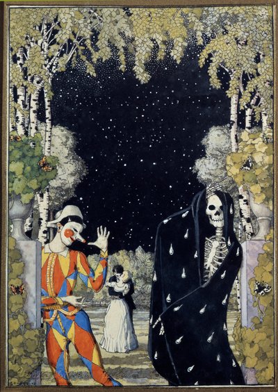 Harlequin and Death (Harlequin and Death) - عمل بقلم كونستانتين أندرييفيتش سوموف (1869-1939) ، ألوان مائية وغواش على ورق بواسطة كونستانتين أندرييفيتش سوموف