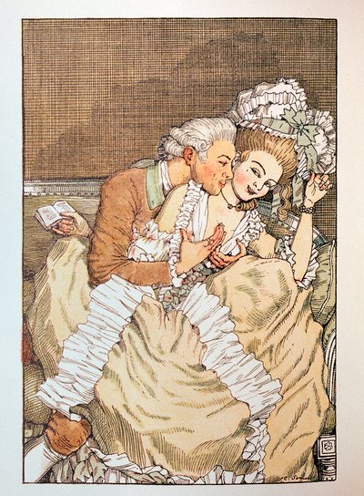 رسم توضيحي لـ "Le Livre de la Marquise" لـ Franz Blei (رسم توضيحي لكتاب Marquise بقلم Franz Blei) (ماركيز يمزح مع عاشق غير صبور) - عمل بقلم كونستانتين (كونستانتين) أندرييفيتش سوموف (1869-1939) ، نقش بواسطة كونستانتين أندرييفيتش سوموف