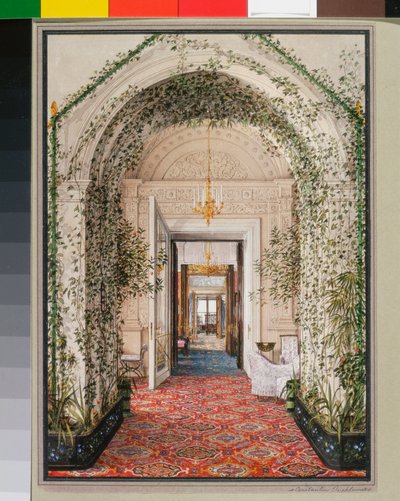 التصميمات الداخلية للقصر الشتوي (Palais d'hiver a Saint Petersbourg) - الحديقة الشتوية الصغيرة في شقق Alexandra Fyodorovna - ألوان مائية على الورق بقلم كونستانتين أندرييفيتش أوختومسكي (كونستانتين أوختومسكي) (1818-1881) - نهاية القرن التاسع عشر - د بواسطة كونستانتين أندرييفيتش أوختومسكي