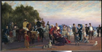 على طرف جزيرة فاسيليفسكي ، ستريلكا (سانت بطرسبرغ) (في انقسام الجزيرة ، ستريلكا). لقاء الأرستقراطيين في أمسية صيفية. لوحة لكونستانتين أبولونوفيتش سافيتسكي (1844-1905) ، زيت على قماش ، حوالي 1870. الفن الروسي في القرن التاسع عشر ، أدرك بواسطة كونستانتين أبولونوفيتش سافيتسكي