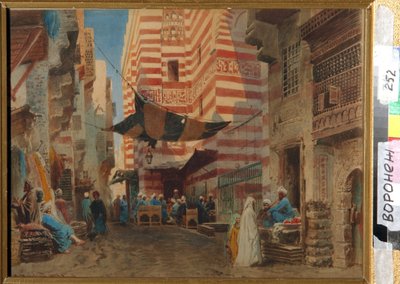 في شوارع القاهرة (مصر). عمل فني لكونستانتين إيغوروفيتش ماكوفسكي (كونستانتين ماكوفسكي) (1839-1915) ، عمل فني على الورق بواسطة كونستانتين إيجوروفيتش ماكوفسكي