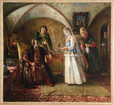 الحياة اليومية في البويار الروسي (Boiard ، Boiar) في القرن السابع عشر. (من الحياة اليومية للبويار الروسي في القرن السابع عشر). في دوموستروي لدوقية موسكو الكبرى ، يتم تقديم امرأة شابة ترتدي فستان زفاف لزوجها. هي بواسطة كونستانتين إيجوروفيتش ماكوفسكي