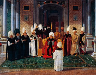 سليم الثالث (1761-1808) يستقبل كبار الشخصيات تحت مظلة بوابة السعادة في توبكابي، تفاصيل من حفل صعود السلطان سليمان الثالث إلى العرش، حوالي 1789 (زيت على قماش) بواسطة كونستانتين كابيداجلي