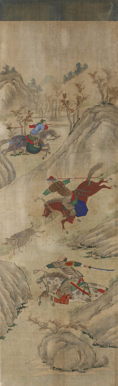 مشهد الصيد (3 فرسان وخنزير) (مرحاض على ورق) بواسطة المدرسة الكورية
