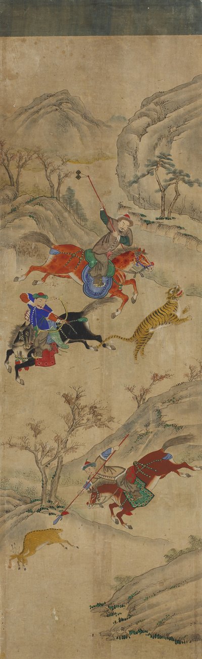 مشهد الصيد (3 فرسان صيد الغزلان والنمر) (مرحاض على ورق) بواسطة المدرسة الكورية