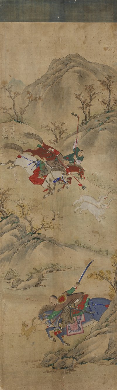 مشهد الصيد (3 فرسان مع أرنب وحيوانات أسطورية) (مرحاض على ورق) بواسطة المدرسة الكورية