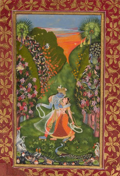 رادها وكريشنا يمشيان في وجه بستان مزهر ، ظهر كريشنا فلوتنج ، c1720 r ، c1750-75 v بواسطة كوتا ماستر