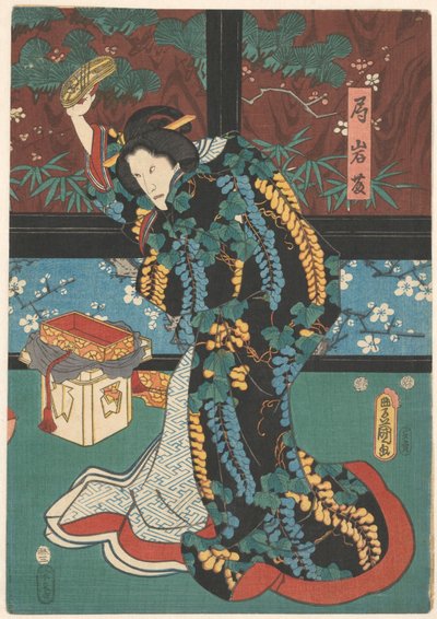 مشهد من مسرحية The Mirror Mountain سيدة المحكمة إيوافوجي مع صندل في يدها بواسطة Kunisada (I) ، أوتاغاوا