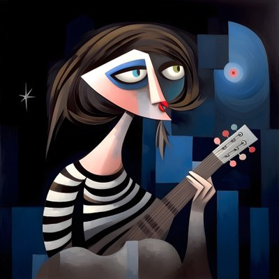تروبادور امرأة ثلاثية الأبعاد مع غيتارها في أضواء القمر الليلية 4 بواسطة كيرت هيبك