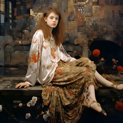 مراهقة ترتدي فستانًا زهريًا وحذاء تزلج عاليًا، تجلس في منطقة خراب يتدفق من خلالها نهر 4 بواسطة Kurt Heppke