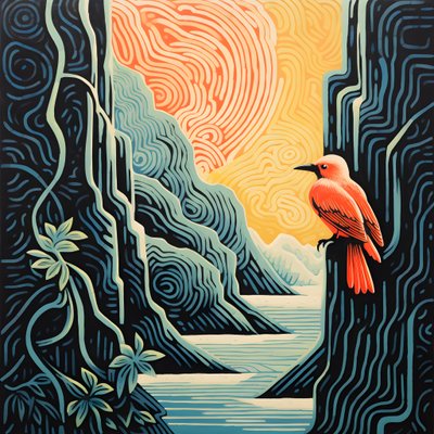 رسم توضيحي مبسط للغاية لطائر استوائي ملون يجلس على نبات متفرع أمام جدول جبلي به شلال جميل 2 بواسطة كيرت هيبك