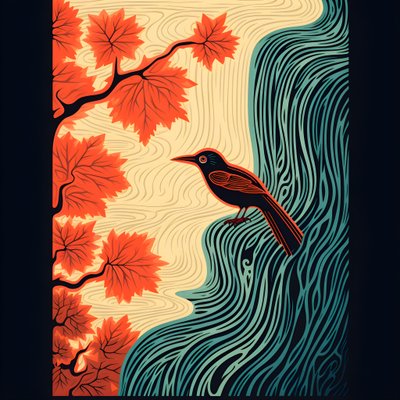 رسم توضيحي مبسط للغاية لطائر استوائي ملون يجلس على نبات متفرع أمام جدول جبلي به شلال جميل 4 بواسطة Kurt Heppke