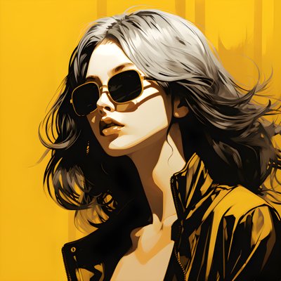 صورة توضيحية لفتاة ترتدي نظارة شمسية صفراء وشعر على وجهها وأذنيها ، بأسلوب فيلم نوير الجمالي 2 بواسطة Kurt Heppke