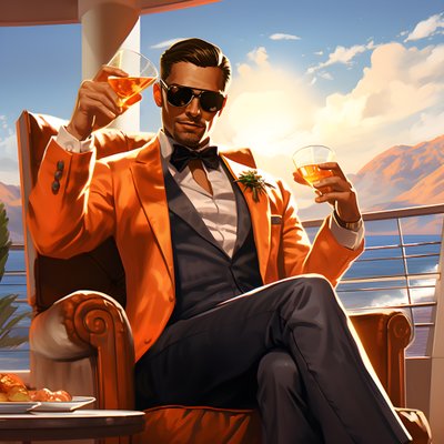 رجل ثري، يرتدي ملابس أنيقة، يجلس على متن سفينة سياحية خاصة ويشرب كوكتيل 1 بواسطة Kurt Heppke