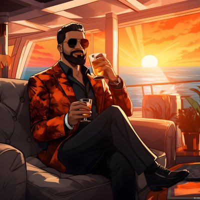رجل ثري، يرتدي ملابس أنيقة، يجلس على متن سفينة سياحية خاصة ويشرب كوكتيل 3 بواسطة Kurt Heppke