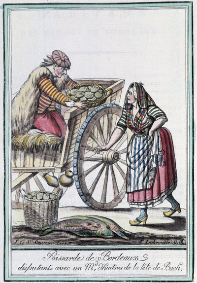 Poissarde de Bordeaux يتنازع مع تاجر محار من رأس Buch - في "" Encyclopedia of Travels "بقلم J. Grasset St Sauveur ، Deron ، Paris بواسطة LF Labrousse