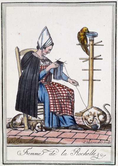 Woman of La Rochelle knitting with a dog, a parrot and a cat playing with the ball of wool. بواسطة LF Labrousse