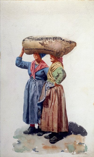 Two women dock workers at Genoa port, c.1890 (watercolor on paper) بواسطة L. Allavena