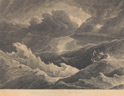 من رسم تخطيطي رُسم في عام 1804 أثناء عاصفة بين مدغشقر ورأس الرجاء الصالح فُقدت فيها السفينة الهندية "أمير ويلز" بالكامل، حوالي 1804 (نقش) بواسطة ل. هاستينغز