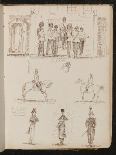 دراسة "الحرس" ، دراستان للجنود على ظهور الخيل ، وثلاث دراسات لرجال الشرطة الفرنسيين والإنجليز والبييمونتيين بواسطة سيدة بتلر