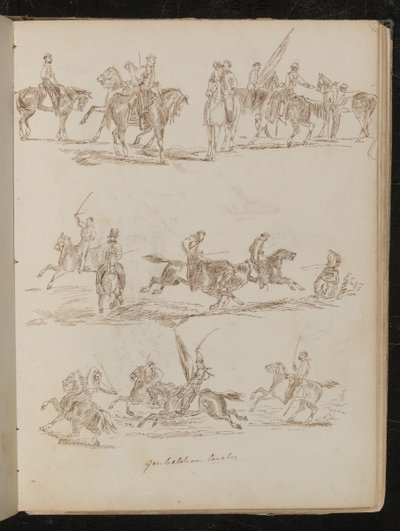 ثلاث دراسات لجنود على ظهور الخيل كتب عليها "الفرسان غاريبالديان" بواسطة سيدة بتلر