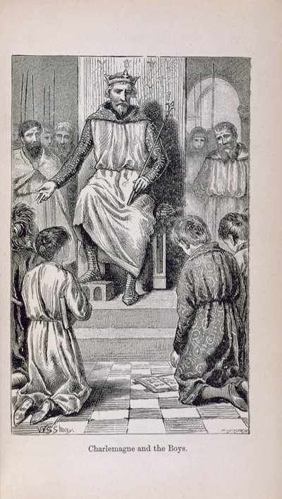 شارلمان (742-814) والأولاد ، رسم توضيحي من "تاريخ فرنسا الصغير آرثر: من أقدم العصور إلى سقوط الإمبراطورية الثانية" نشر عام 1899 بواسطة السيدة م. شالكوت