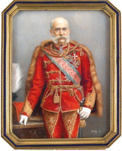 صورة لفرانسوا جوزيف الأول ملك النمسا (1830-1916) بالزي الهنغاري. عمل لايوس أوسكو (1865-1922) ، ألوان مائية وغواش على القرن. الفن المجري ، الفن الأكاديمي. مجموعة خاصة. بواسطة لاجوس أوسكو