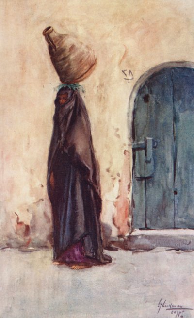 شعب مصر: امرأة من السكان الأصليين تحمل جرة ماء، الفلاحة حملا البلاسي (صورة حجرية ملونة) بواسطة لانس ثاكيراي