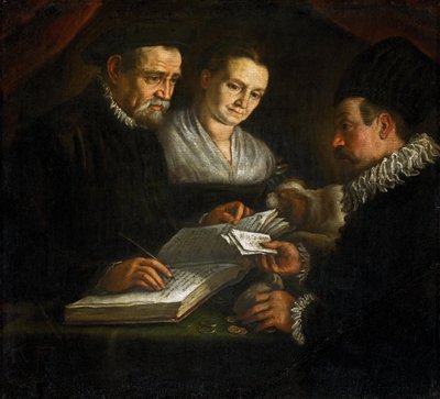 الصراف أورازيو لاغو وزوجته وعميله - لياندرو باسانو (1557-1622). زيت على قماش ، كاليفورنيا. 1600. الأبعاد: 93 × 101 سم. متحف تاريخ الفن ، فيينا بواسطة لياندرو دا بونتي باسانو
