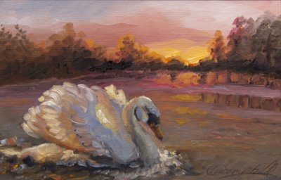 Swan at Sunrise، 2016، (زيت على ورق) بواسطة لي كامبل