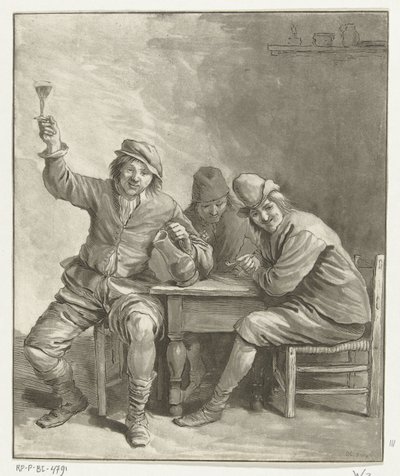 ثلاثة رجال على الطاولة يدخنون ويشربون بواسطة Leendert Brasser (signed by artist)