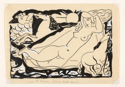 Venus Vignette لكتاب "L'art Hollandais contemporain" للكاتب Paul Fierens؛ تم تصوير مستلقٍ عارٍ مع حصانين وحمامين بواسطة ليو جستل