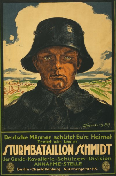 كتيبة العاصفة شميت ؛ الرجال الألمان يسكبون وطنك! 1919 (طباعة حجرية ملونة) بواسطة ليو إمبيكوفن