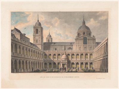 Zicht op de Patio de los Evangelistas van het Monastery of San Lorenzo de El Escorial منظر لمحكمة الإنجيليين في R. Monasterio de S. Lorenzo (العنوان على الجسم) بواسطة ليون أوغست أسلينو
