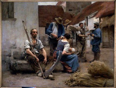 The payroll of peasant harvesters in a farm yard, one of them holds a fake. Painting by Leon Augustin Lhermitte (1844-1925) 1882 Sun. 2,15x2,72 m Paris, musee d