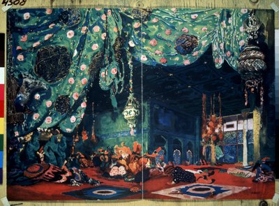مجموعة لباليه "شهرزاد" لنيكولاس (نيكولاي) ريمسكي كورساكوف (ريمسكي كورساكوف) (1844-1908) من فيلم ما بعد حكايات ألف ليلة وليلة. (تصميم مسرحي لباليه شهرزاد بواسطة ن. ريمسكي كورساكوف (ريمسكي كورساكوف) رسم ليون باكست (1866-1). بواسطة ليون باكست