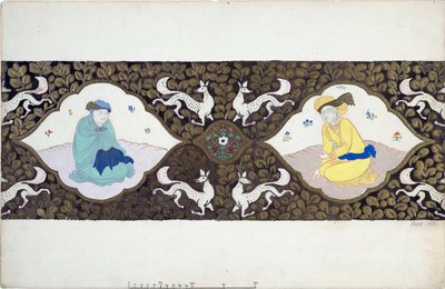 الديكور التحضيري لباليه "عشتار" لبوهسلاف مارتينو (1890-1959). (تصميم المسرح لرقصة الباليه ايستار بقلم ب. مارتينو). شخصيتان يرتديان الزي الشرقي ، بزخرفة أوراق الشجر والحيوانات. عمل ليون باكست (1866-1924) ، ألوان مائية و بواسطة ليون باكست