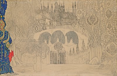 تصميم المسرح لرقصة الباليه Firebird L'oiseau de feu بقلم آي سترافينسكي ، 1909-1910. بواسطة ليون باكست
